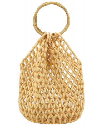 Round Bamboo Handle Beaded Designer Tote Bag YW-0004 TAN